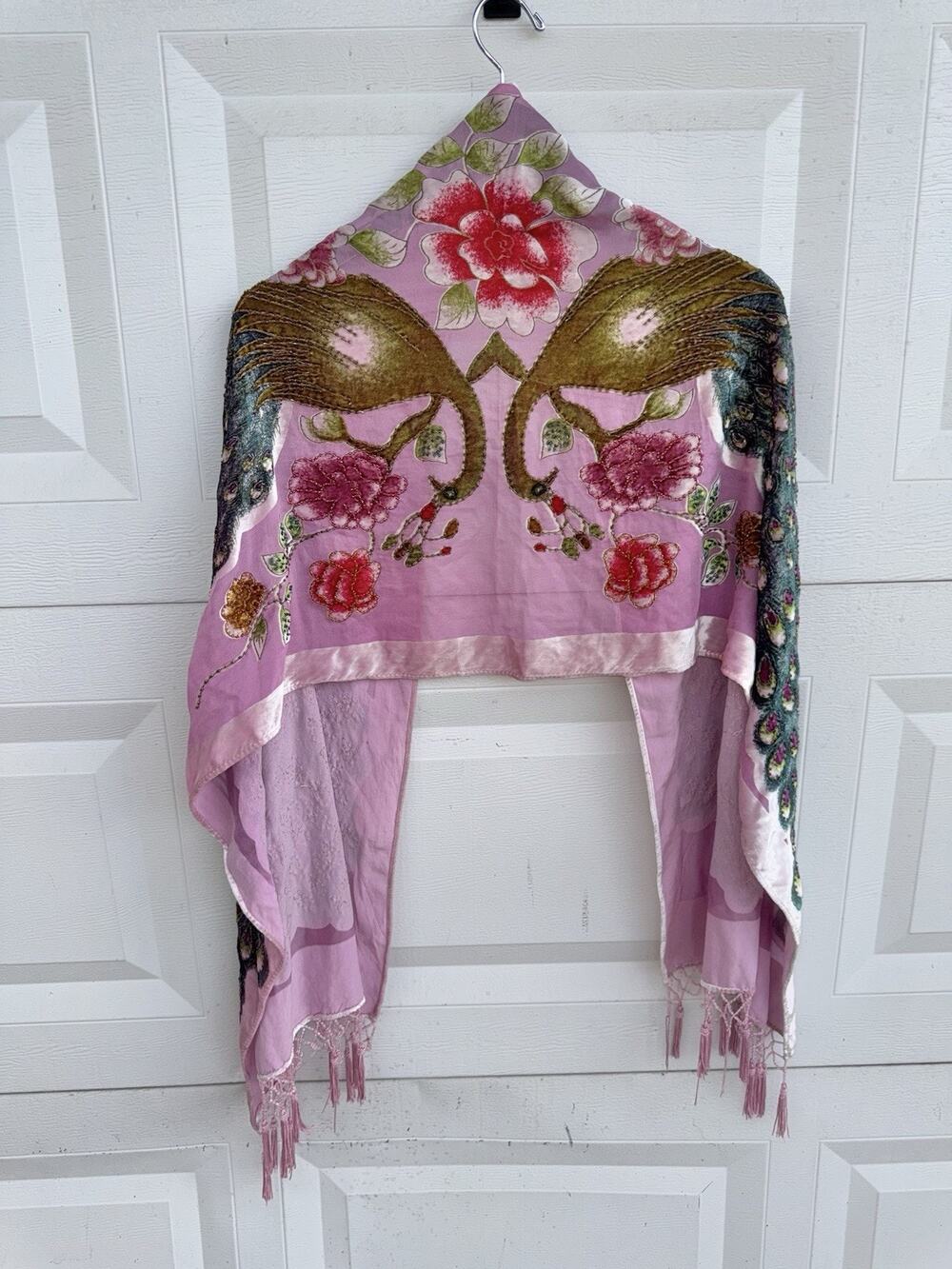 Pink Velvet Burnout Scarf Peacock Fringe Vintage Bird Shawl Long Wrap 68” Boho